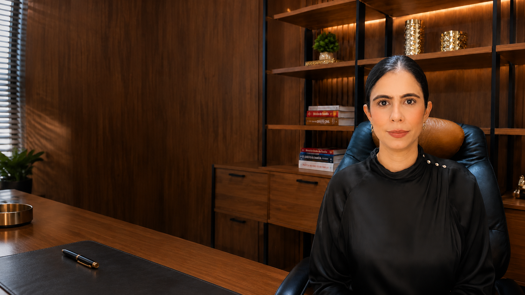 Advogada em escritório jurídico com biblioteca ao fundo